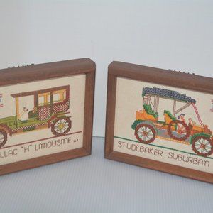 Bucilla Crewel Embroidery Finished Framed Studebaker Cadillac Antique Cars VTG S